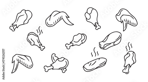 Collection of hand-drawn chicken pieces showing delicious food preparation and cooking styles vector