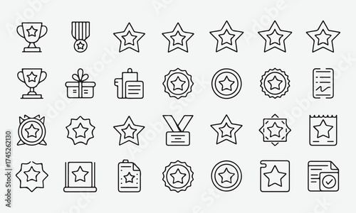 Collection of Star and Award Icons: Trophies, Medals, Gifts, and Certificates