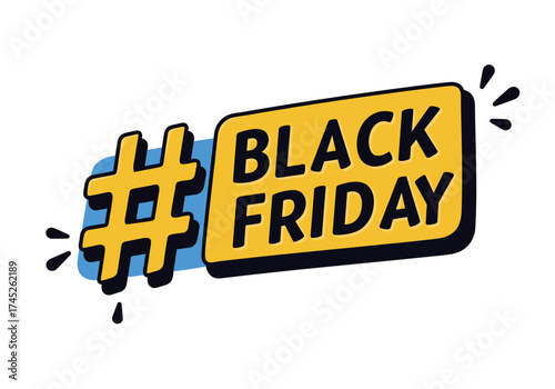 Black Friday promotion hashtag in bold yellow and blue design  