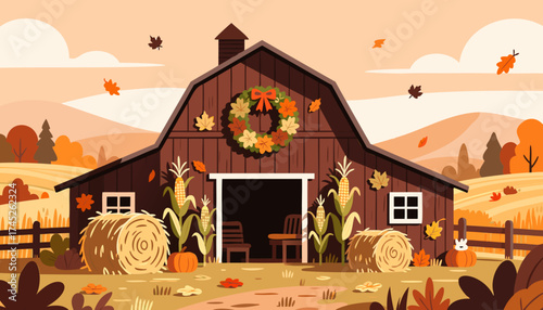 Autumn rural barn scene with harvest wreath and hay bales