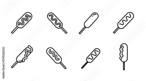 Collection of simple corn dog icons with condiment drizzle on stick for food apps vector