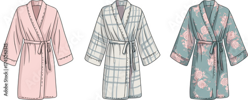 Pink solid bathrobe, white plaid robe, teal floral bathrobe with roses, cozy women sleepwear, stylish loungewear apparel, cad drawing flat vector illustration