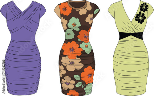 Ruched dresses, floral pattern, V-neckline, short sleeves, crisscross bodice, green embellishments, fitted silhouette, fashion design, garment mockup, cad drawing flat vector illustration