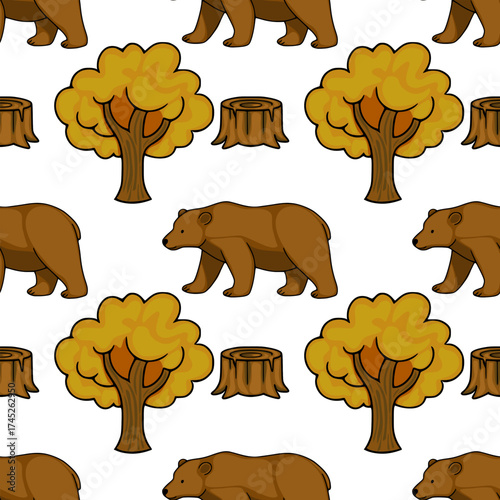 Seamless vector pattern featuring charming cartoon brown bears and autumnal trees with stumps, ideal for children's themes.