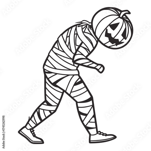Halloween mummy with a pumpkin head walking