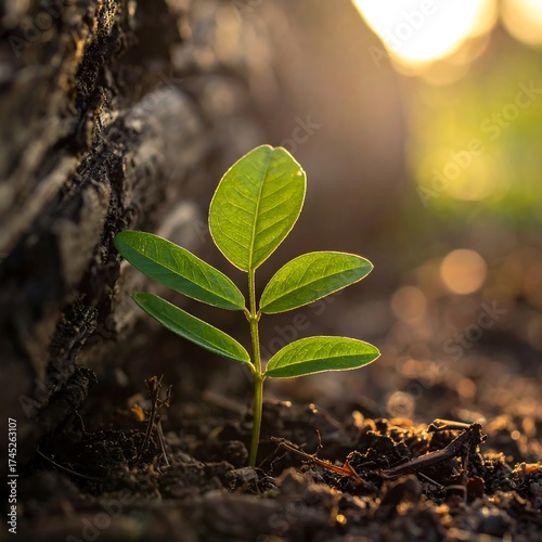 A small, vibrant seedling emerges from the earth, bathed in warm sunlight