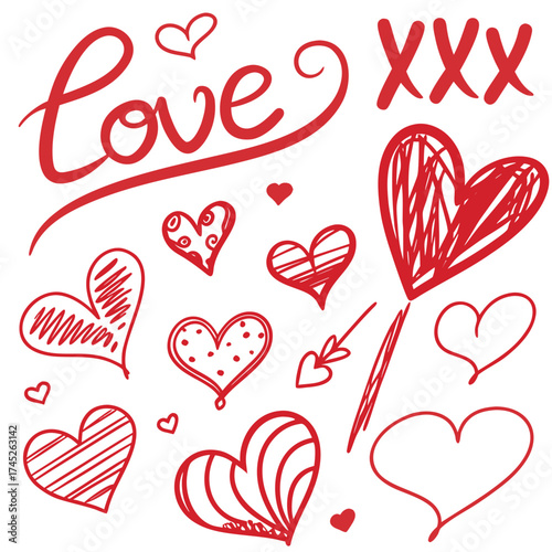 Collection of red handdrawn hearts and love text