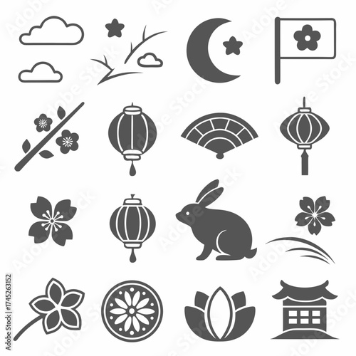 Collection of traditional asian symbols and elements
