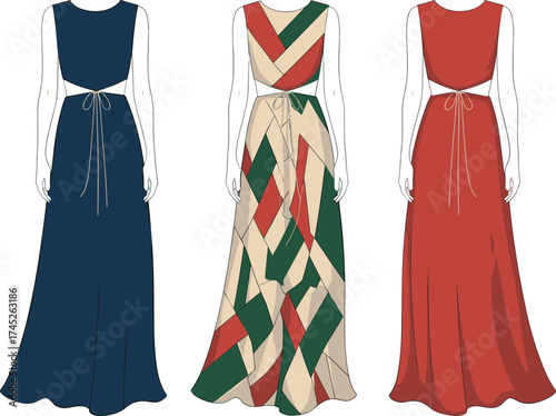 Sleeveless dresses, cut-out waist, drawstring detail, flowy skirts, fashion design, summer wear, geometric print, solid colors, garment mockup, cad drawing flat vector