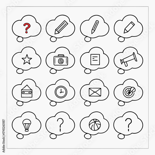 Set of thought bubble icons with various symbols