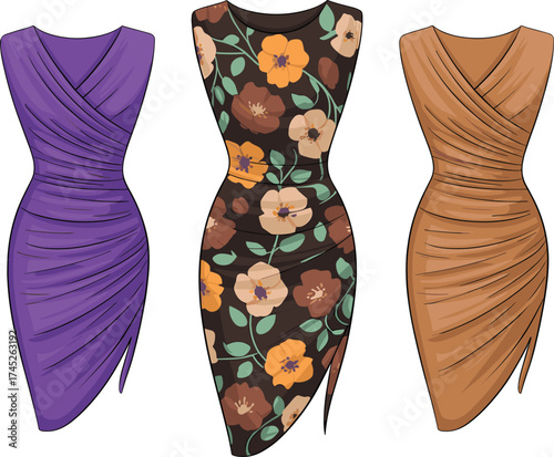 Ruched dresses, purple, floral black, tan, asymmetrical hemline, V-neck, fitted silhouette, fashion design, CAD drawing, flat vector illustration