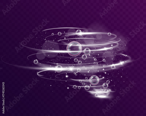 Glowing magic bubble vortex, luminous spiral energy swirl with transparent soap bubbles, fantasy light tornado and mist effect isolated on transparent background, abstract neon motion and sparkle visu