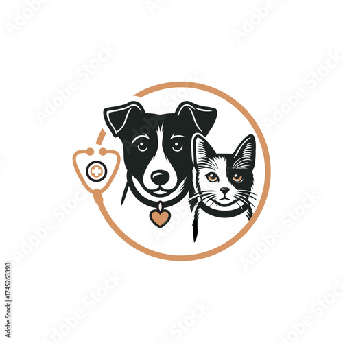 Veterinary Logo Featuring Dog, Cat, and Stethoscope in a Circle
