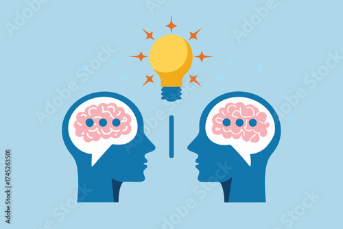 Two heads with brains and speech bubbles facing each other with a glowing light bulb above symbolizing an idea