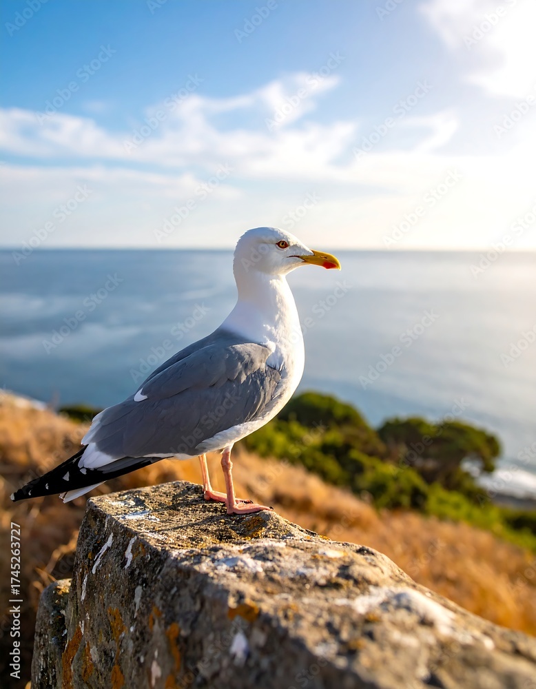Fototapeta premium A seagull perched on a stone wall overlooking the ocean