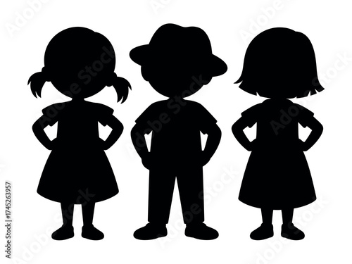 Three Children Silhouettes Boy and Two Girls in Black Outlines, Isolated on White