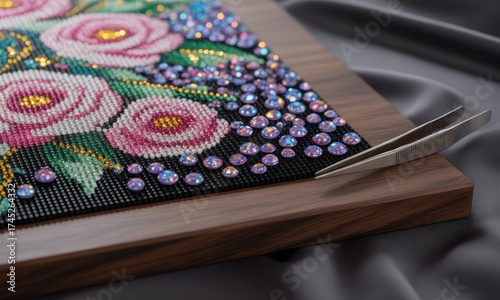 Close-up of rose-patterned beadwork with scattered gems, tweezers on a wood frame