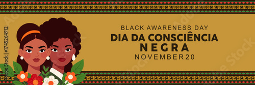 Dia da Consciencia Negra banner with couple. Ttranslation Black Awareness Day November 20. Dia da Consciencia Negra illustration in flat design.