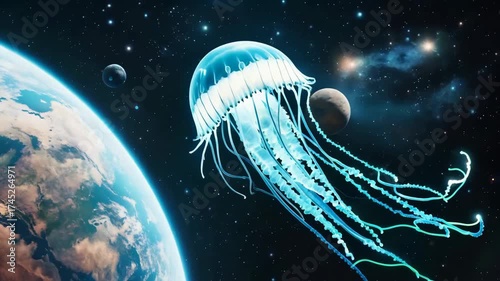 A neon jellyfish floating through outer space, glowing tentacles with Earth and stars in the background, cinematic lighting, surreal but believable motion