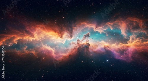 A breathtaking nebula filled with vibrant red, orange, and blue cosmic dust.