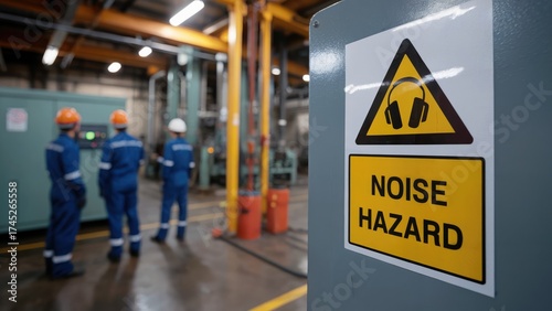 Safety first industrial workers wearing protective gear near noise hazard warning sign in factory