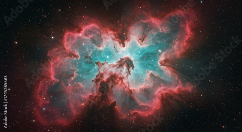 A breathtaking nebula filled with vibrant red, orange, and blue cosmic dust.