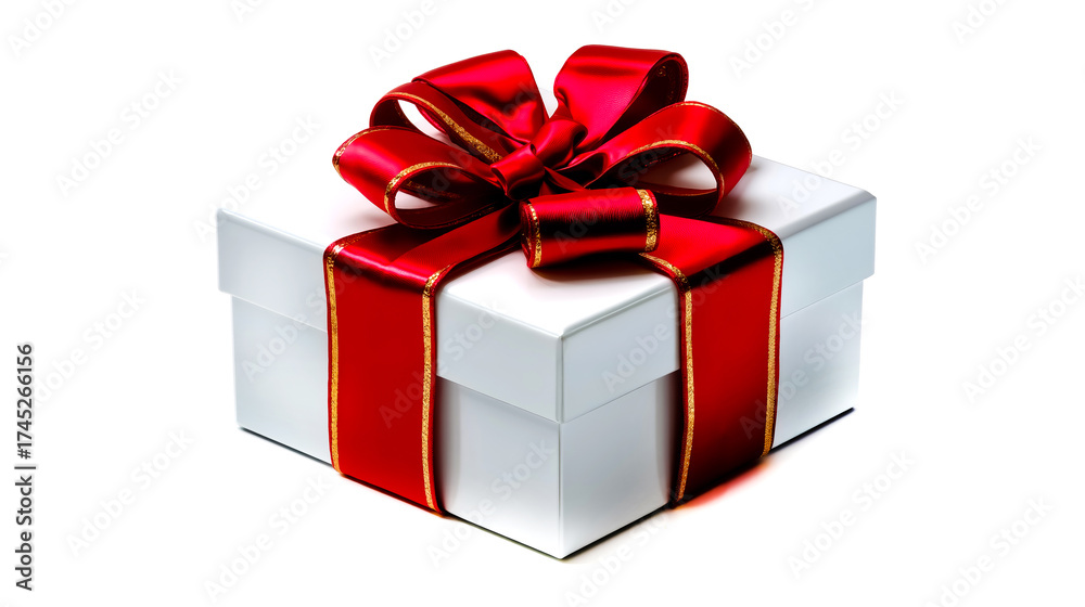 Obraz premium A white gift box with a red ribbon tied around it