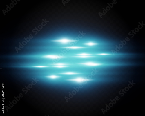 Blue neon light streaks, glowing energy lines with motion blur and flare effect, futuristic sci-fi speed wave isolated on transparent background, abstract luminous technology glow element