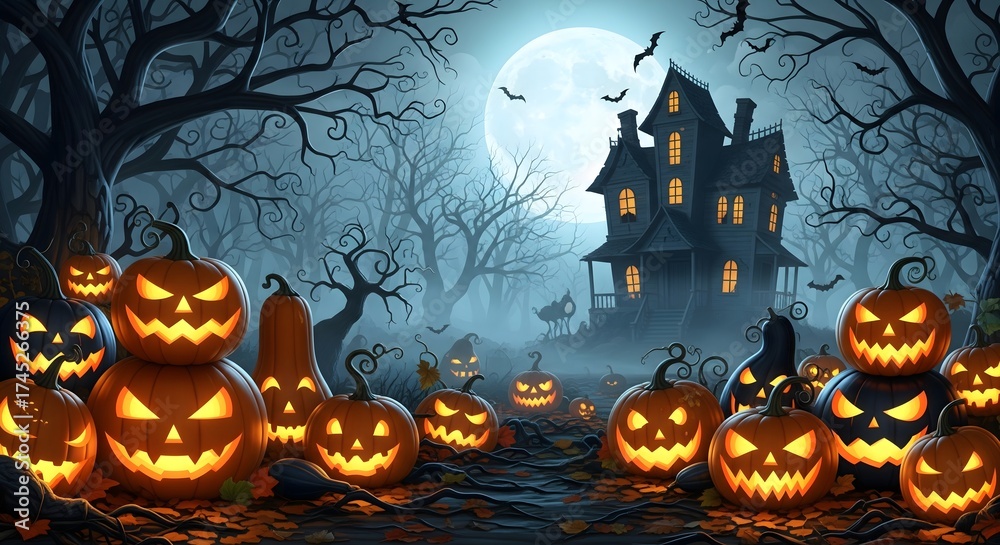 Fototapeta premium A Halloween scene with a house and a large number of pumpkins. Scene is spooky and festive