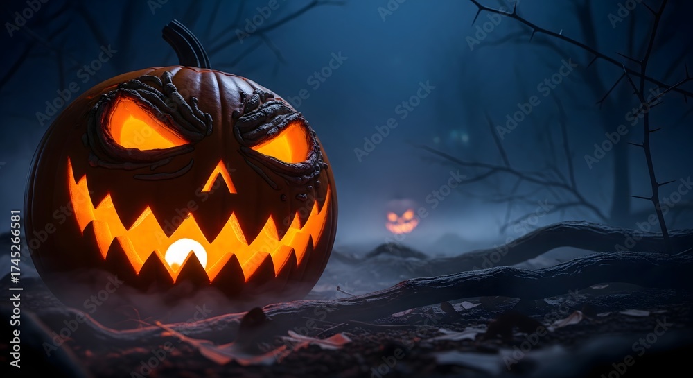 Fototapeta premium Spooky Jack-O'-Lantern in a Foggy Forest Halloween Night Scene