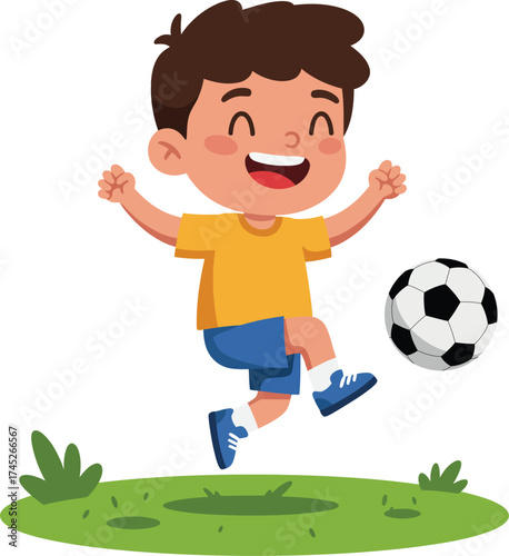 Joyful Cartoon Boy Kicking Soccer Ball on Green Field Illustration