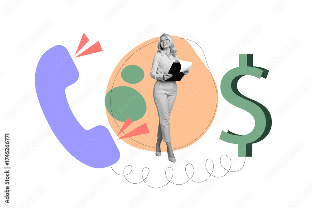 Obraz premium Creative collage picture businesswoman telephone call ring operator contact center dollar money currency earnings investor trader