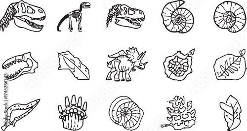 Minimalist Outline Silhouette Icon Set of Prehistoric Dinosaur Skeletons and Fossil Remains for Paleontology Science Designs