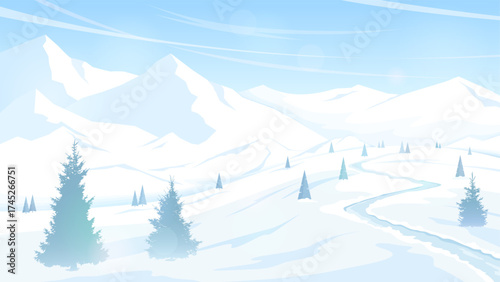 Winter landscape. Path on the slope of a snowy hill. View of mountain ranges. Clear blue sky, frosty day. Design for banner, postcard, event flyers or invitations. Vector image.