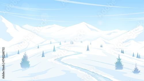 Snow-covered hill with fir trees and a path leading up. Winter landscape with a view of the mountain ranges. Design for a greeting card, event flyer or invitation. Vector image.