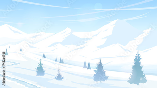 Winter landscape with a view of mountain ranges. Snow-covered slope, descent. Clear blue sky, frosty day. Design for banner, postcard, flyer for events or invitation. Vector image.