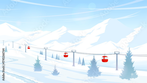 Winter mountain landscape. Ski resort with snowy hill, slope, funicular, ski lift. Concept of winter sports, skiing and snowboarding. Vector illustration.