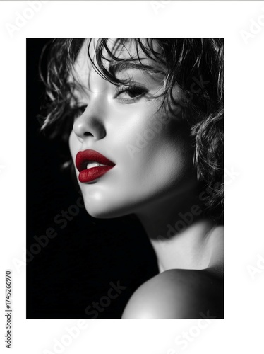 Black and white photo of a model with bright red lips and a stylish haircut. Advertising for lipstick and a beauty salon.