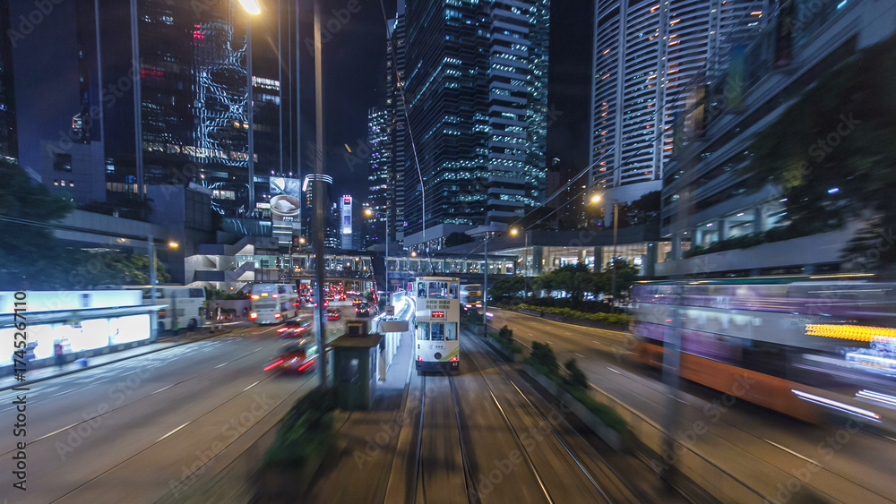 Naklejka premium View from double-decker tram on street of HK timelapse hyperlapse.