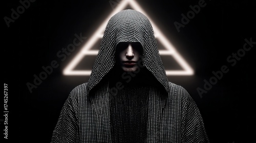Mysterious figure in dark hooded cloak with illuminated triangle background