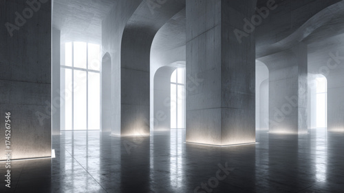 Spacious concrete room with tall columns and large windows, showcasing a minimalist design and city views, perfect for creative projects.