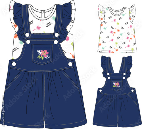 girls dungaree summer all over print illustrations vector art