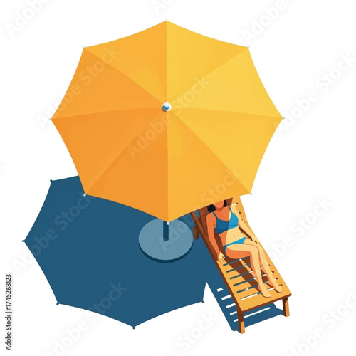 Top-down view illustration of a woman in a bikini relaxing on a lounge chair under a large yellow beach umbrella.