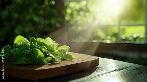 Fototapeta Naklejka Na Ścianę i Meble -  Fresh green basil leaves on wooden cutting board in morning sunlight, soft focus background creates atmospheric mood for cooking and food preparation.