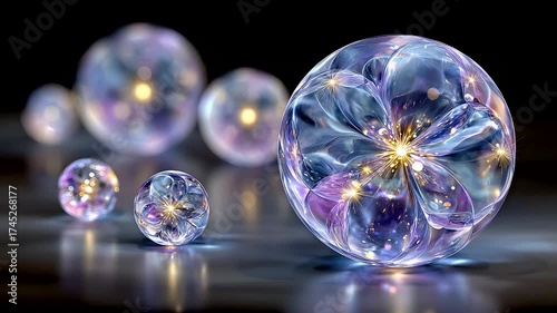 Translucent glass spheres with glowing golden cores reflecting soft light on a glossy surface in a dreamy artistic composition of depth and clarity