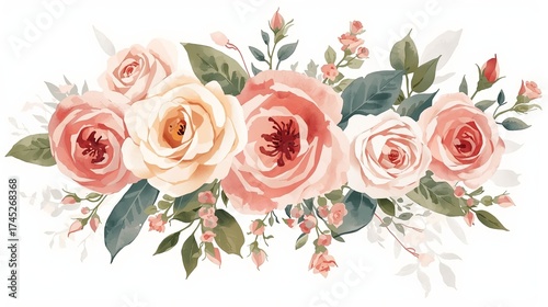 Bouquet of pink roses, Natural floral watercolor.