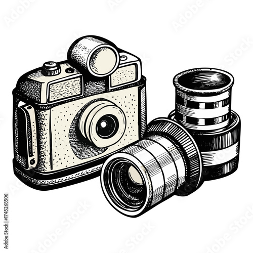 Vintage Hand-Drawn Illustration of Retro Film Cameras and Film Roll – Engraving Style.