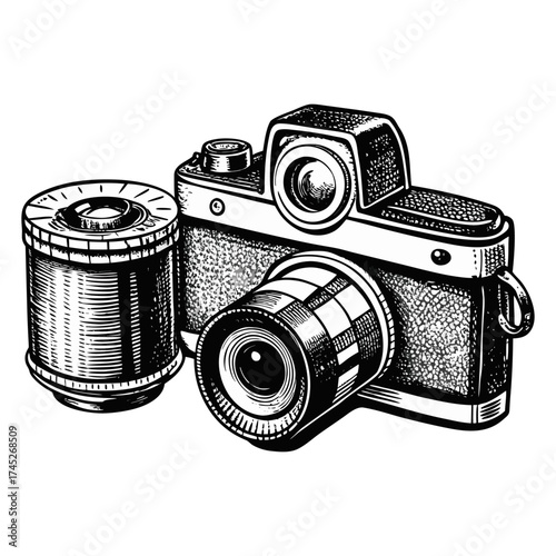Vintage Hand-Drawn Illustration of Retro Film Cameras and Film Roll – Engraving Style.