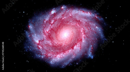 Spiral galaxy with red blue cosmic swirls in deep space
