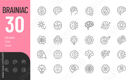 Brainiac line Editable Icons set. Vector illustration in modern thin line style of human mind related icons: brainstorm, creativity, relaxation, and more. Isolated on transparent background.
